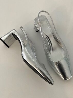 ZARA Silver Metallic Slingback Heels Size EU 39